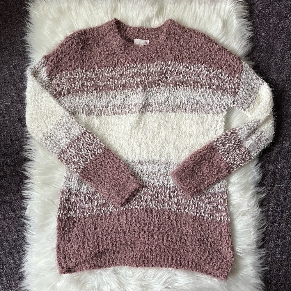 SO sweater pink white plush sherpa teddy bear cozy comfortable blush crewneck